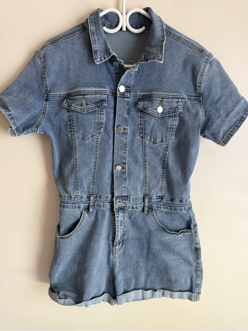 Women's Blue Jean Short Romper - Casual Denim Shorts
